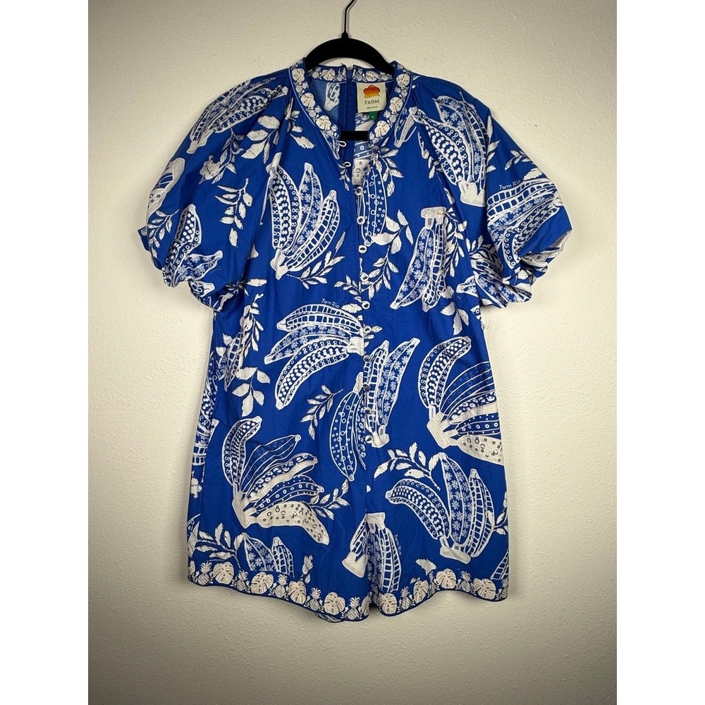 Farm Rio Blue White Banana Print Puff Sleeve Cotton Romper Womens Size S